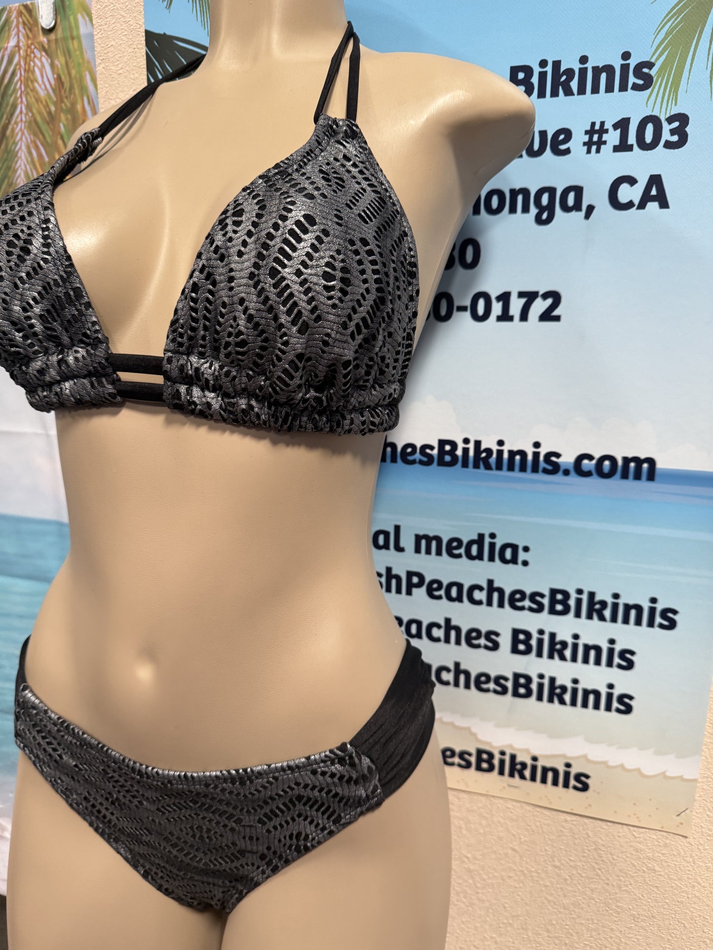 Lolita Double String Bikini Top Black Silver Crochet Net