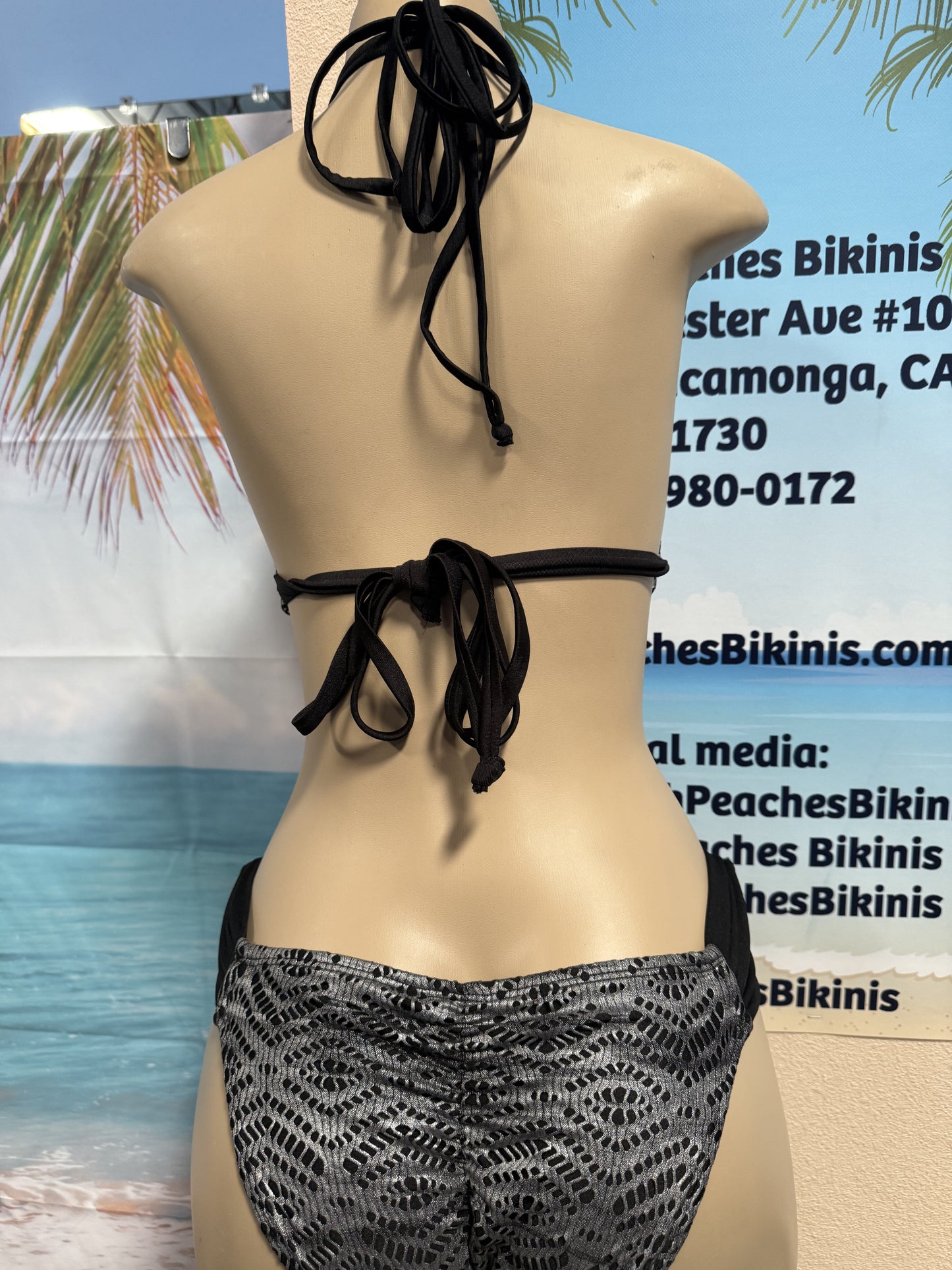Lolita Double String Bikini Top Black Silver Crochet Net