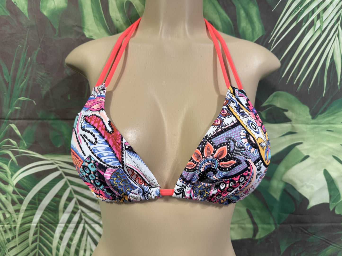 Layla Triangle Top White Neon Coral Paisley
