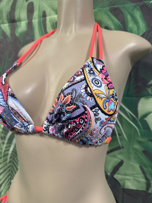 Layla Triangle Top White Neon Coral Paisley