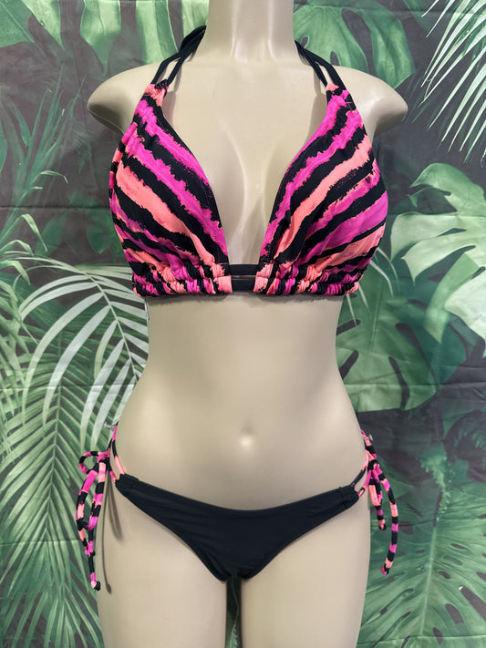 Cabo Tie Side Bottoms Black Neon Coral Pink Striped