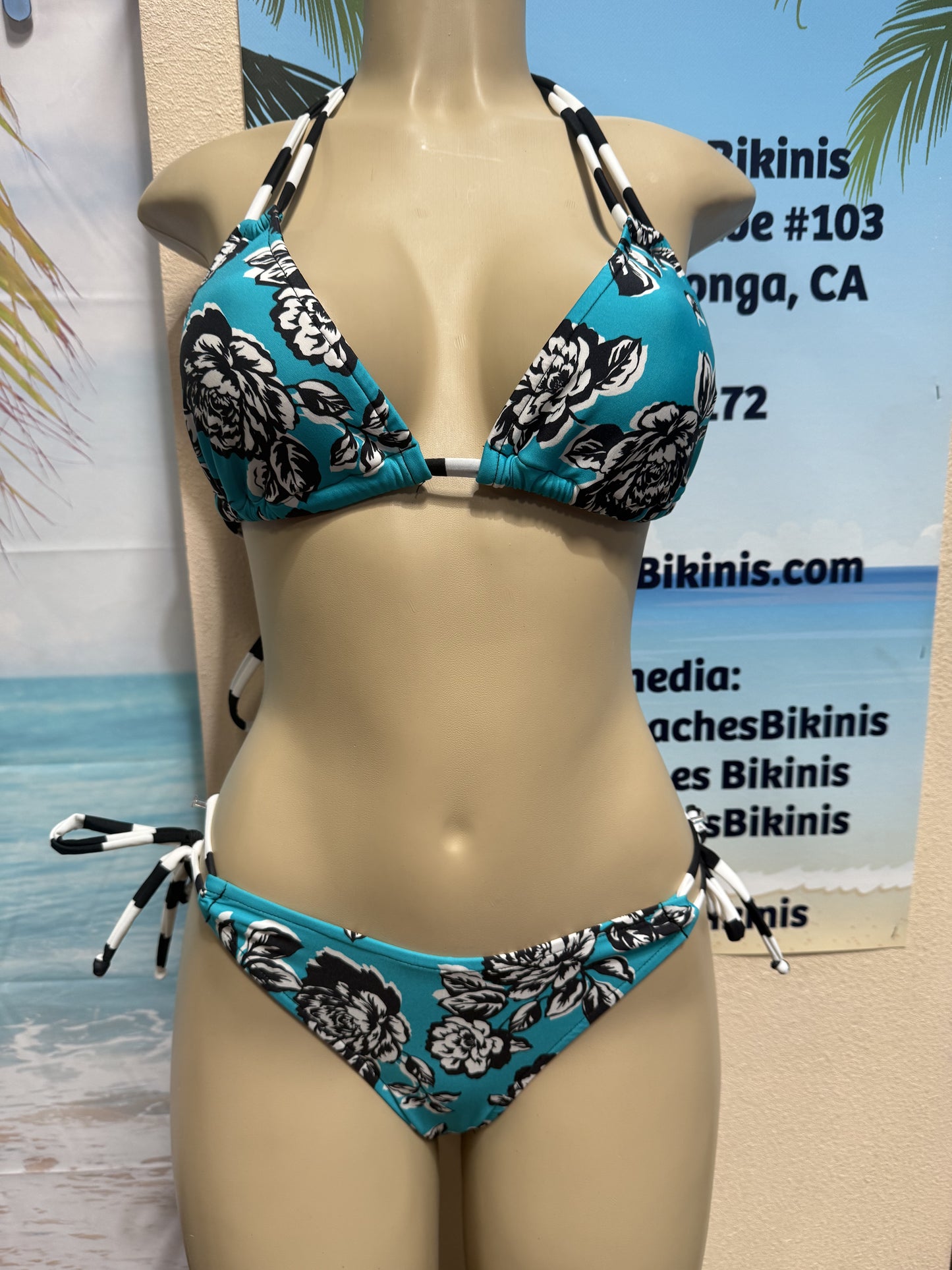 Cabo Tie Side Bottoms Turquoise Black Floral Rebel