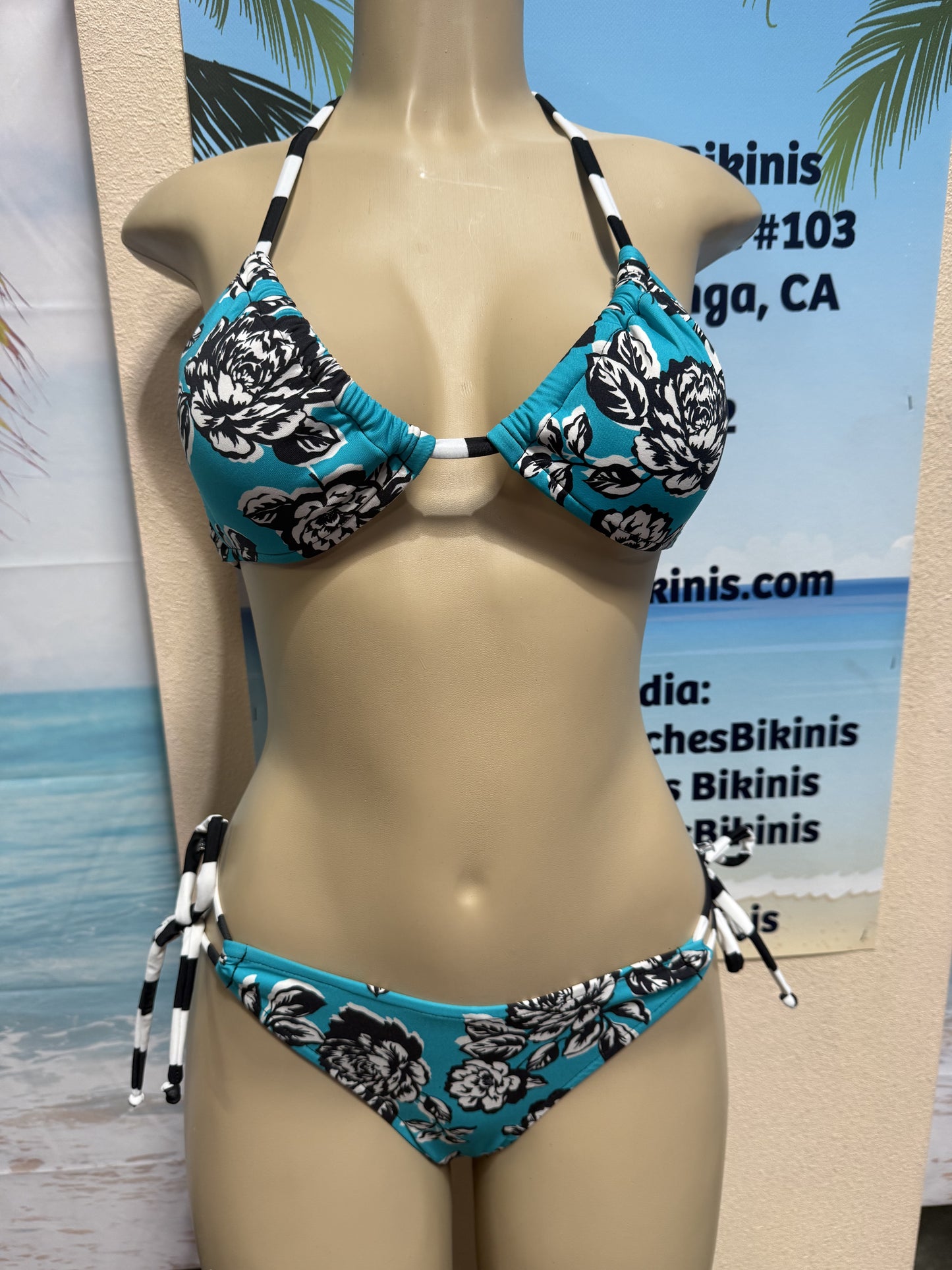 Cabo Tie Side Bottoms Turquoise Black Floral Rebel