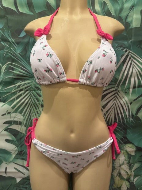 Cabo Tie Side Bottoms Cherry Blossom Pink Flowers Ribbed with Bow