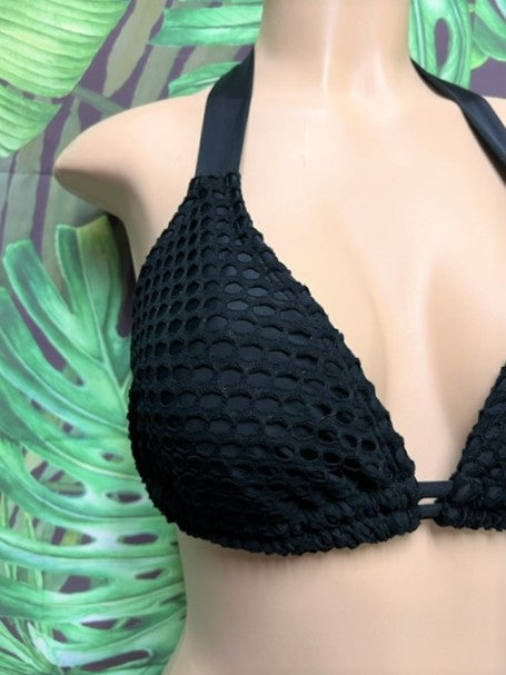 Lola Double String Bikini Top Black on Black Crochet Net