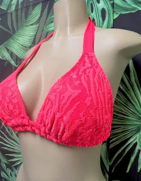 Lola Double String Bikini Top Neon Coral Crochet Lace