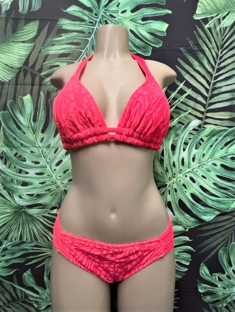 Lola Double String Bikini Top Neon Coral Crochet Lace