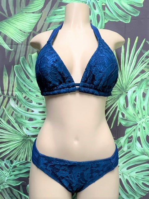 Lola Double String Bikini Top Navy Crochet Lace