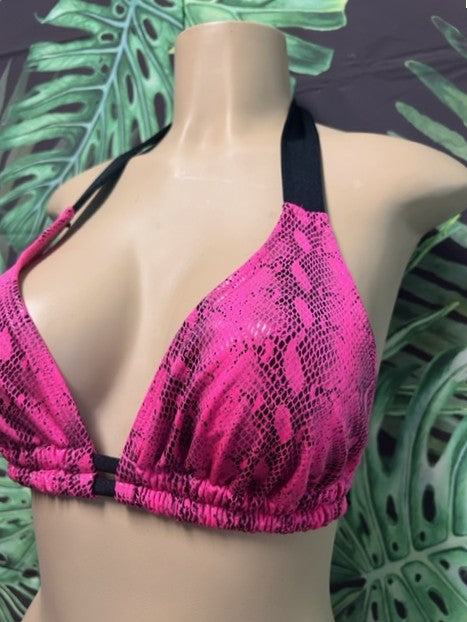 FINAL SALE Lola Double String Bikini Top Hot Pink Black Anaconda