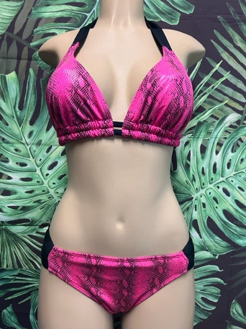 FINAL SALE Lola Double String Bikini Top Hot Pink Black Anaconda