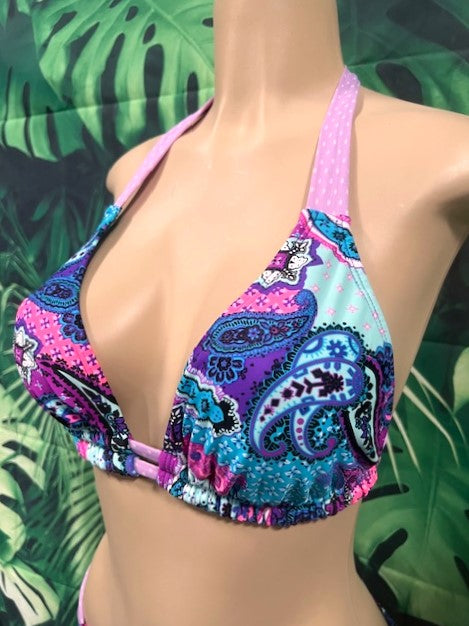 Lola Double String Bikini Top Purple Paisley Dots