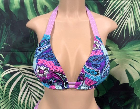 Lola Double String Bikini Top Purple Paisley Dots