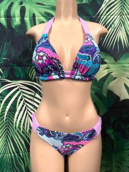 Lola Double String Bikini Top Purple Paisley Dots