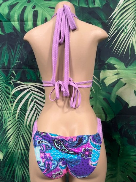 Lola Double String Bikini Top Purple Paisley Dots