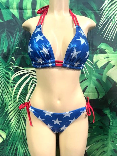 2024 Lolita Double String Bikini Top Patriotic Big Stars Metallic