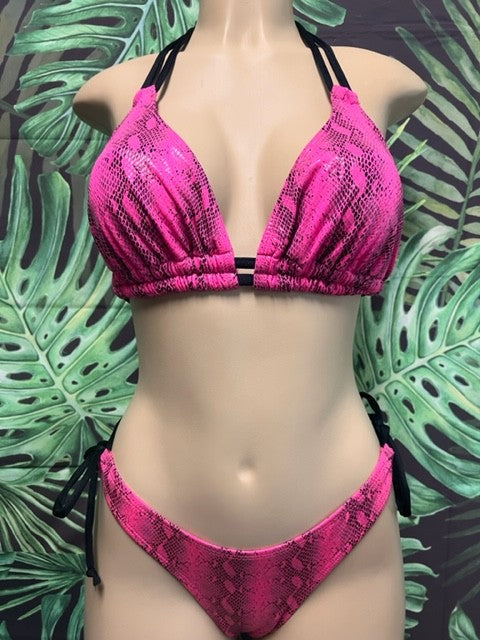 FINAL SALE Lolita Double String Bikini Top Hot Pink Black Anaconda
