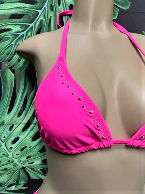 Lyla Crystal Bikini Top Neon Pink with AB crystals