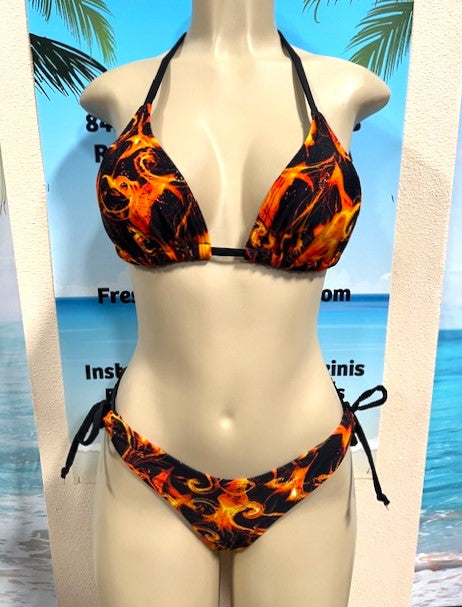 Thong Bottoms To Tie Black and Orange Flames