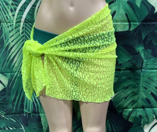 Wrap Skirt Cover Up Sarong Neon Yellow Leopard Mesh