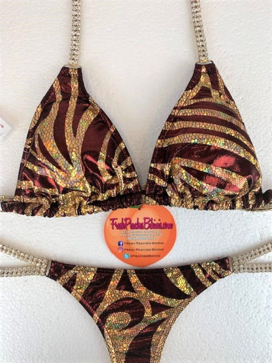 Competition Bikini SET Pro Top and Fever Pro Bottoms Maroon and Gold Swirl