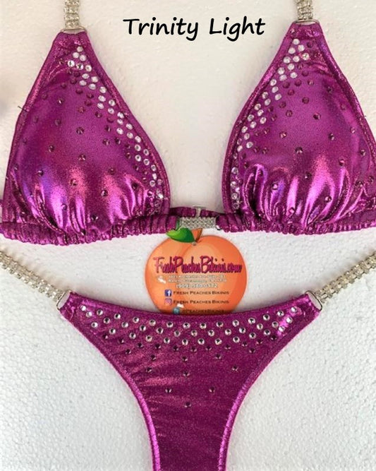 Trinity Light Crystal Design on Fuchsia Metallic Competition Bikini SET Pro Top and Fever Pro Bottoms