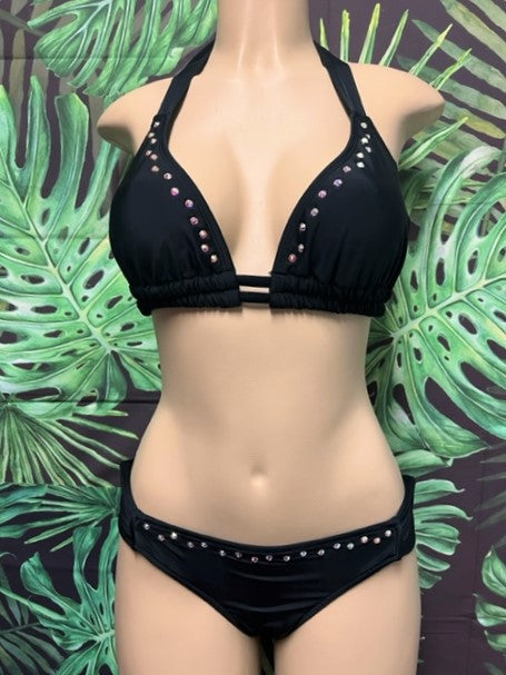 BLING D-G cup Lola Double String Top Black with Double Row AB Crystals