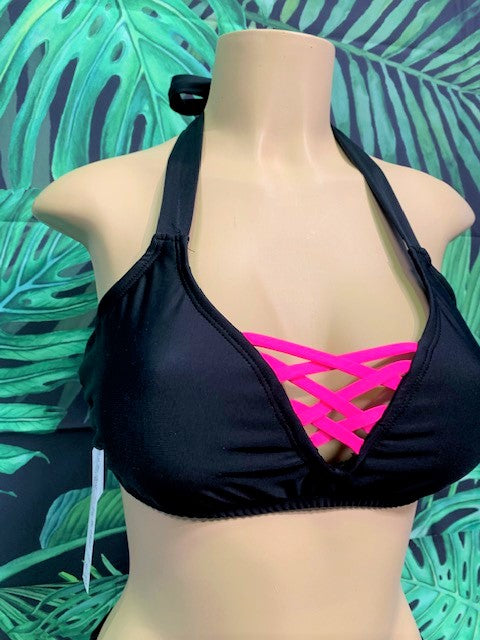 Britney Halter Pop Of Color Black and Neon Pink