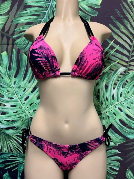 Cabo Tie Side Bottoms Pink Black Hibiscus