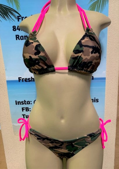 Cabo Tie Side Bottoms Army Camouflage with Pink