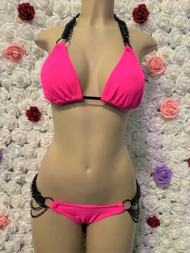 Lyla Triangle Top Neon Pink with Black Chains