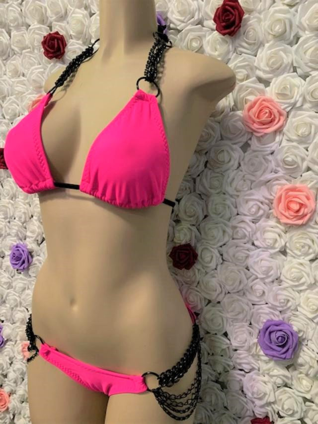 Lyla Triangle Top Neon Pink with Black Chains