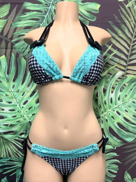 Cabo Tie Side Bottoms Gingham with Lace