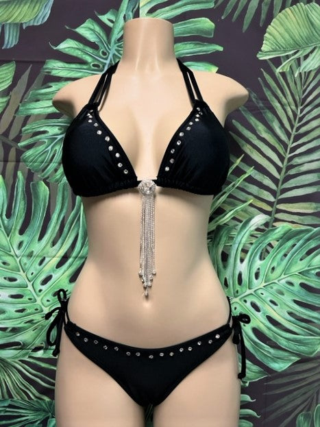 Layla Crystal Bikini Top Black with Clear Crystals & Center Piece