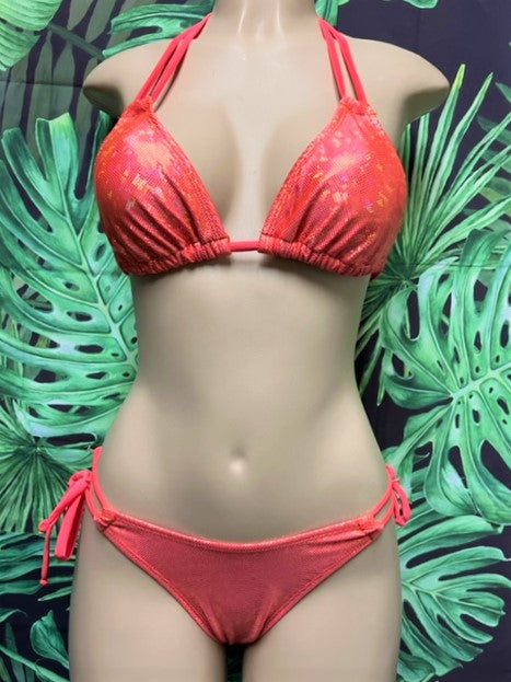 Cabo Tie Side Bottoms Coral and Gold Hologram