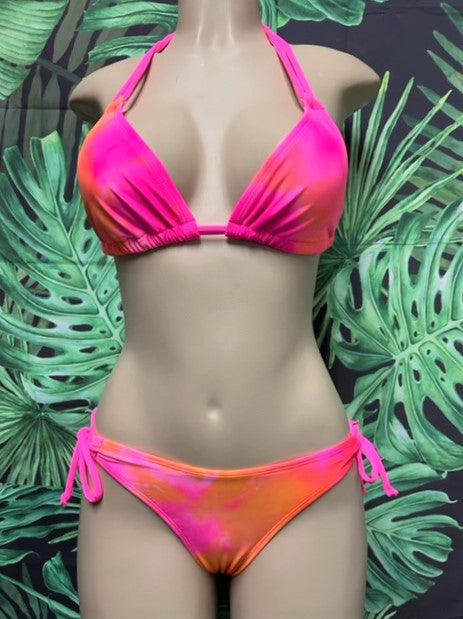 Thong Bottoms To Tie Neon Pink Orange Tie Dye
