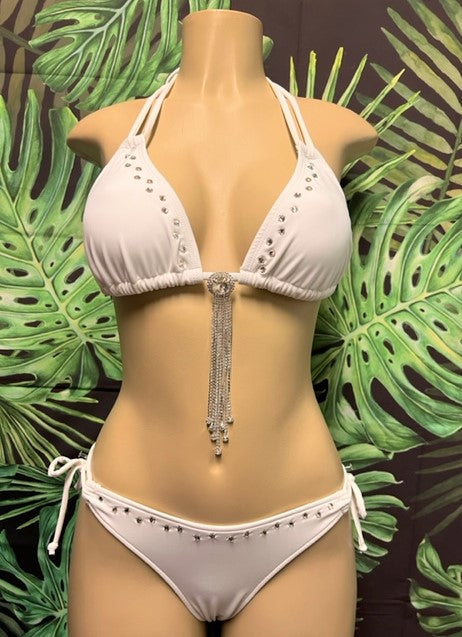 Layla Crystal Bikini Top White with Clear Crystals with Center Piece