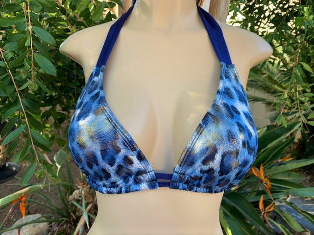 Lola Double String Bikini Top Blue Gold Leopard