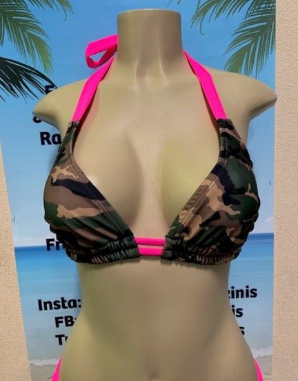 Lola Double String Bikini Top Army Camouflage with Hot Pink