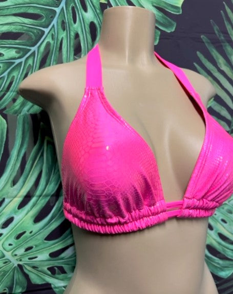 Lola Double String Bikini Top Neon Pink Cobra Pink Ties