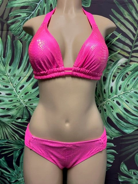 Lola Double String Bikini Top Neon Pink Cobra Pink Ties