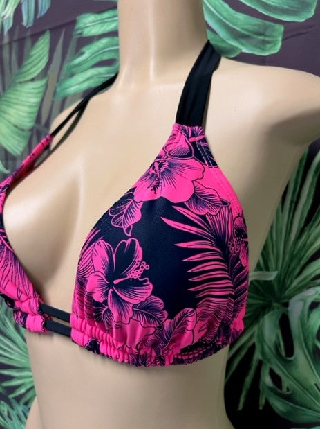 Lola Double String Bikini Top Pink Black Hibiscus