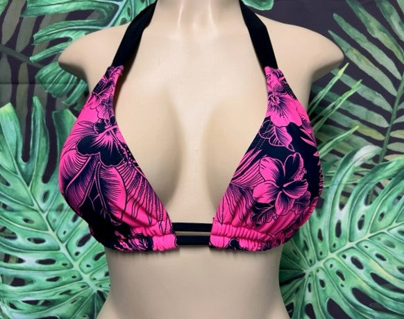 Lola Double String Bikini Top Pink Black Hibiscus