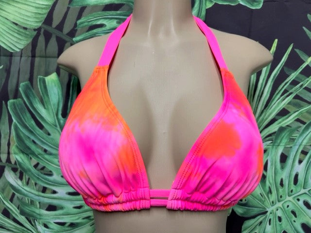 Lola Double String Bikini Top Neon Pink Orange Tie Dye