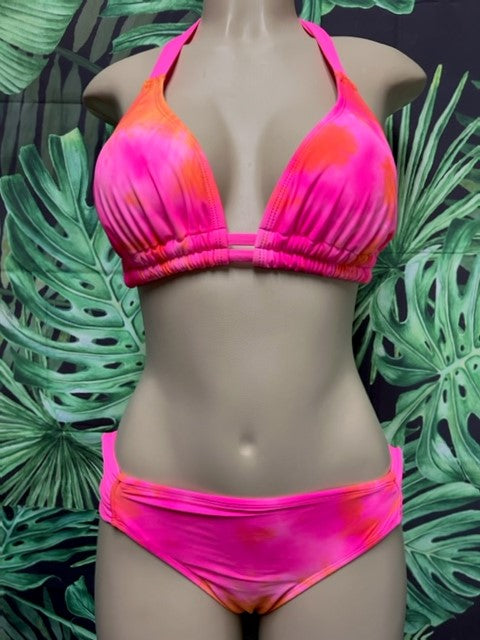 Lola Double String Bikini Top Neon Pink Orange Tie Dye