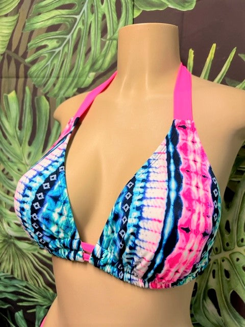 Lola Double String Bikini Top Turquoise Pink Tie Dye