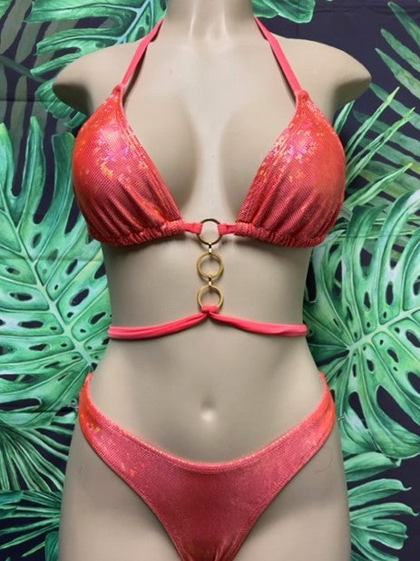 Lux Lyla Triangle Top Coral and Gold Hologram