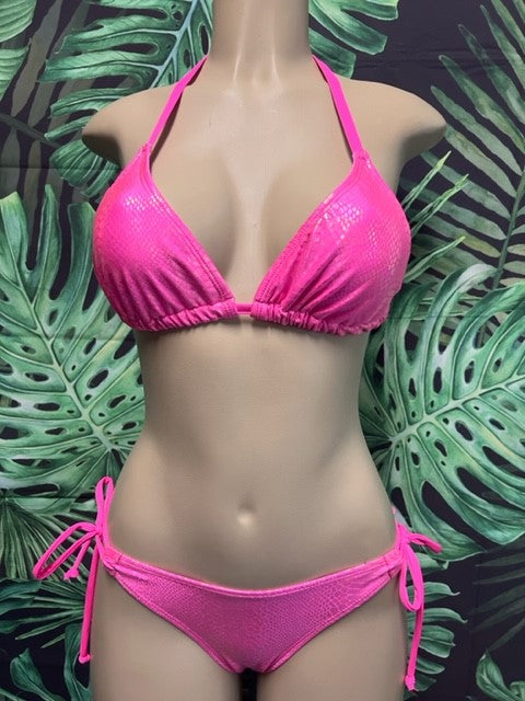Lyla Triangle Top Neon Pink Cobra with Pink Ties