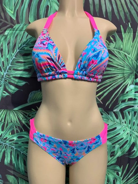 Lola Double String Bikini Top Pink Blue Paisley