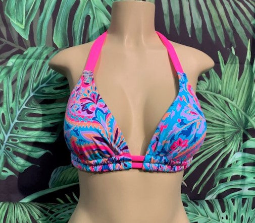 Lola Double String Bikini Top Pink Blue Paisley