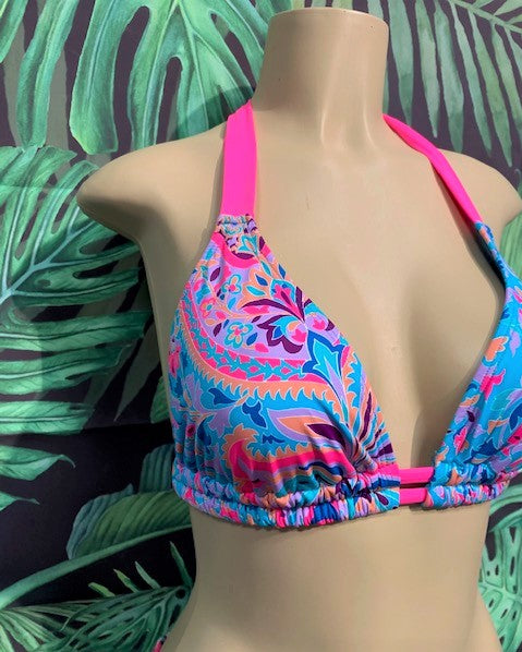 SALE Lola Double String Bikini Top Pink Blue Paisley
